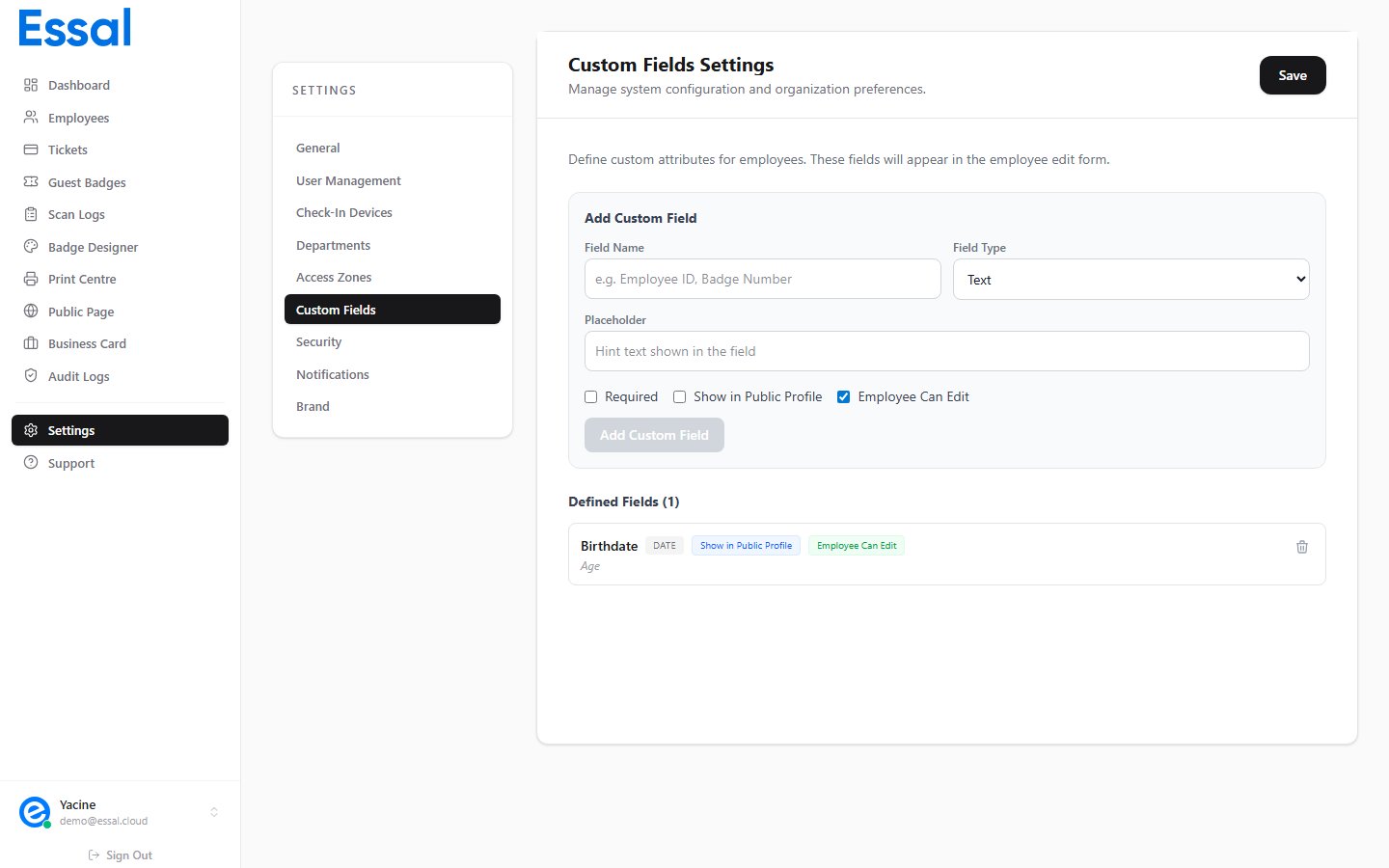 Settings Custom Fields tab showing existing custom fields and the new field form