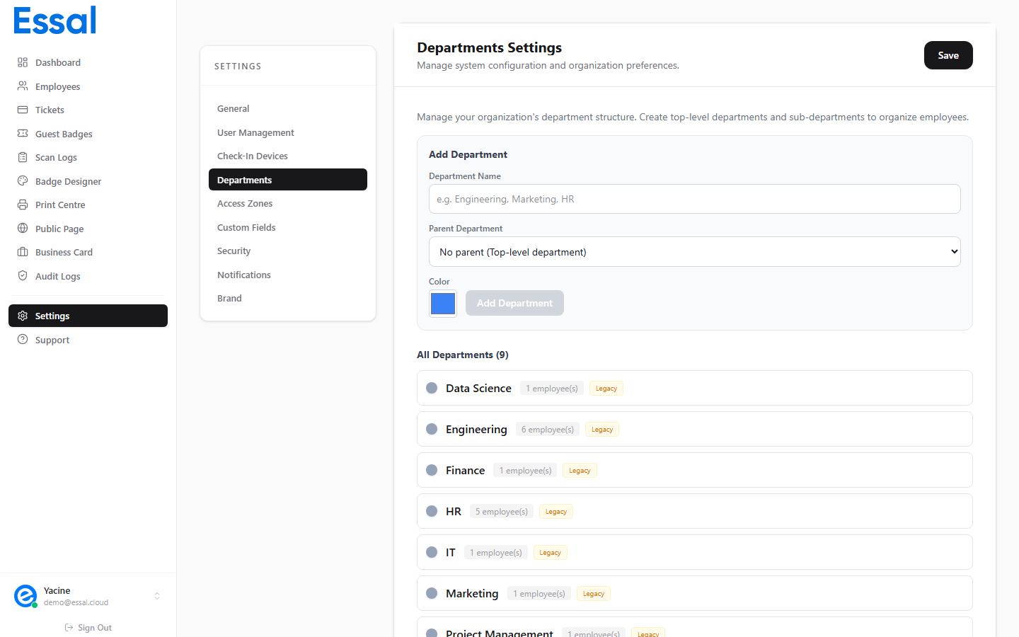 Settings Departments tab showing department list and creation form