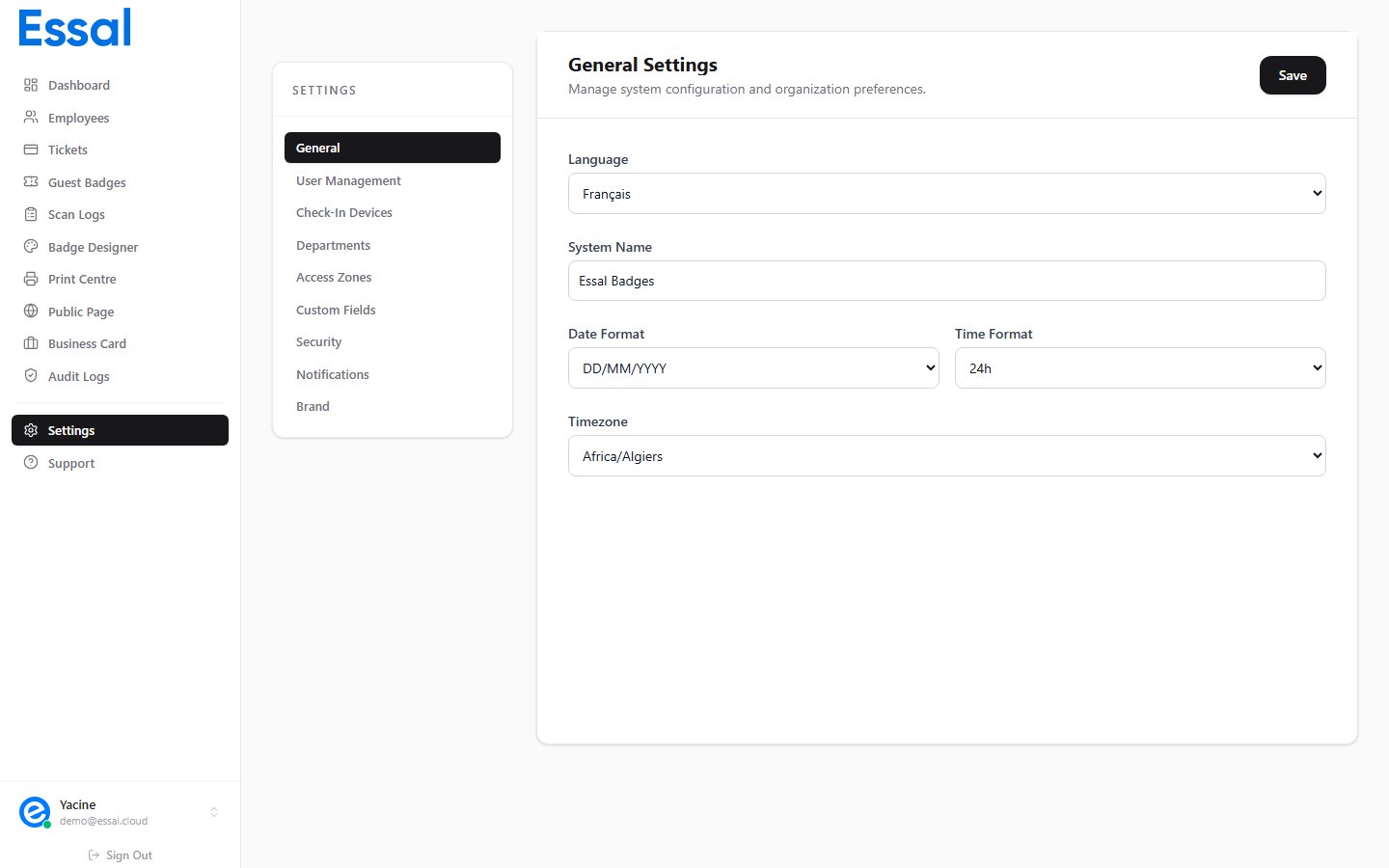 Settings panel showing the Branding tab with company name, logo upload, and color pickers