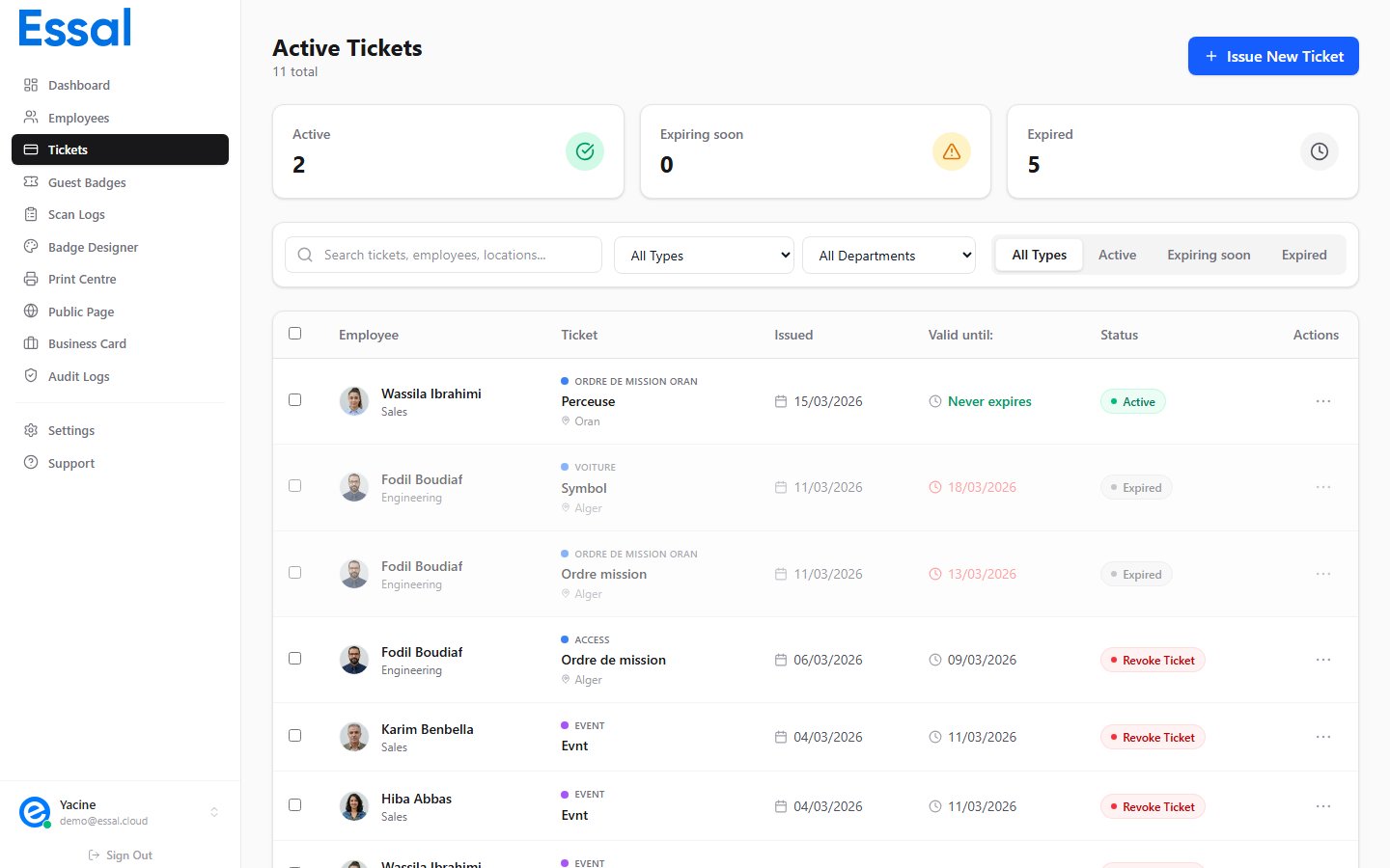 Tickets list showing tickets with various statuses including active, expiring soon, and expired