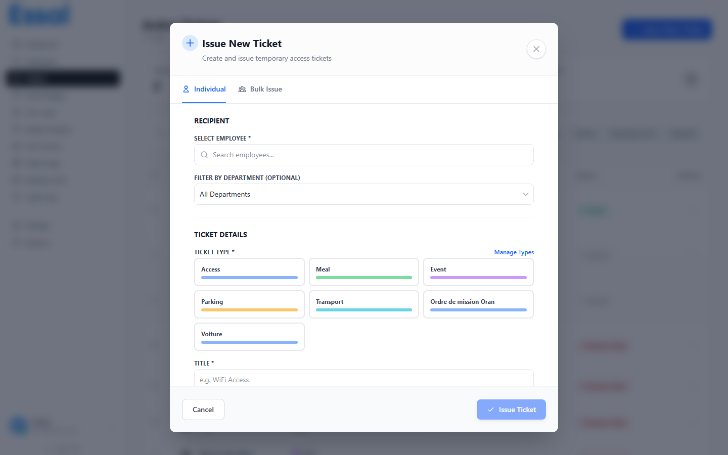 Fenêtre modale de création de ticket montrant la sélection du type de ticket, la recherche de destinataire et les paramètres de validité