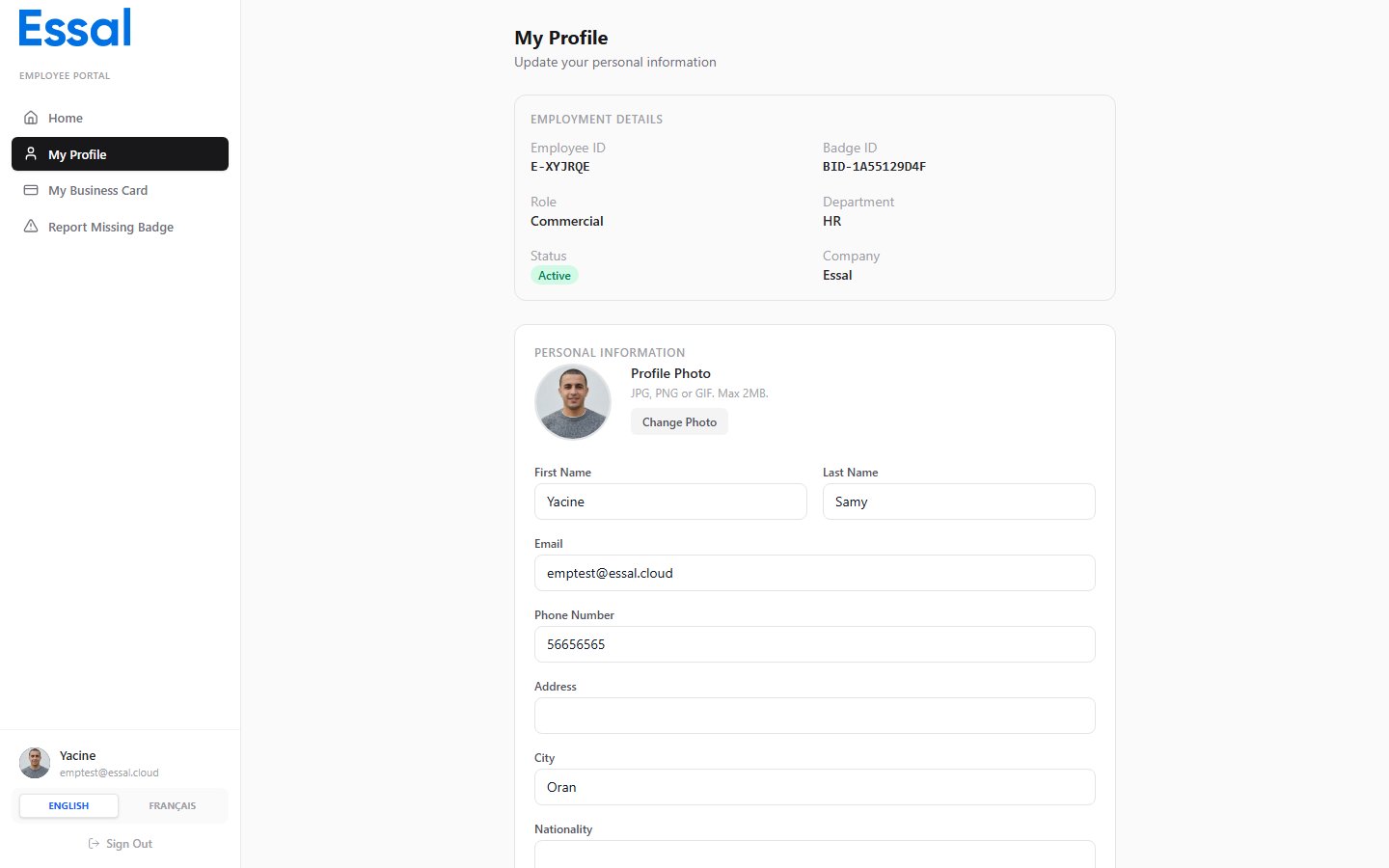 Page de profil de l'employé