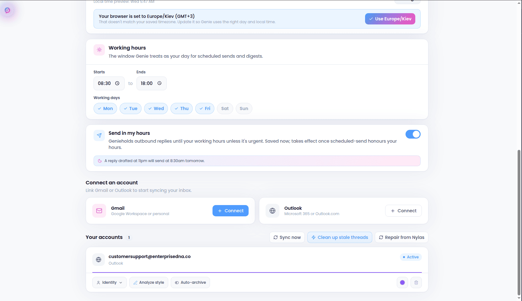 Accounts settings page with Connect Account button