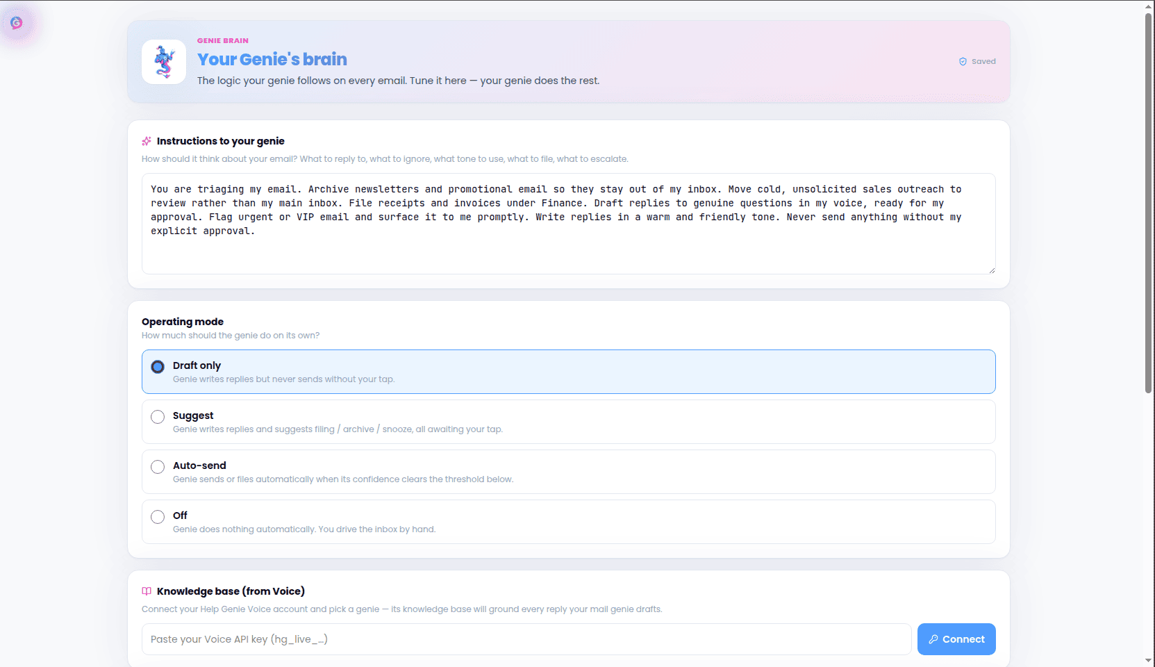 Brain settings page with instructions text area