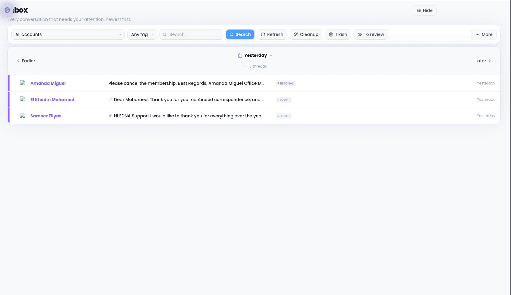 Inbox list view