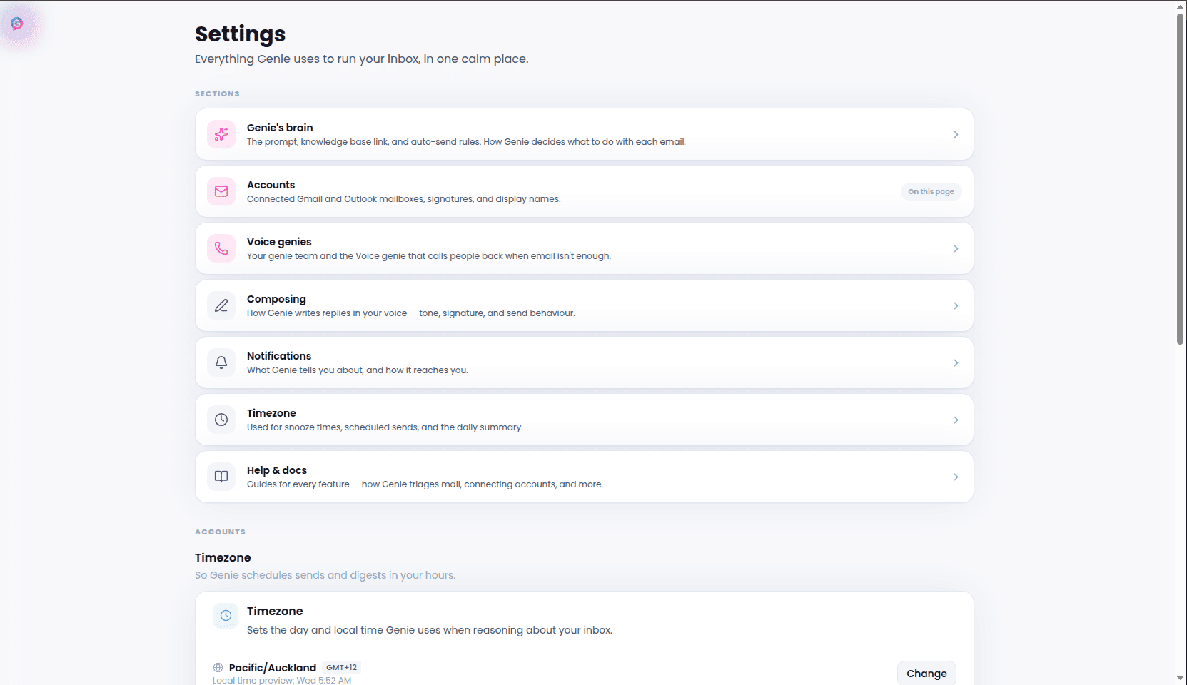 Settings hub page