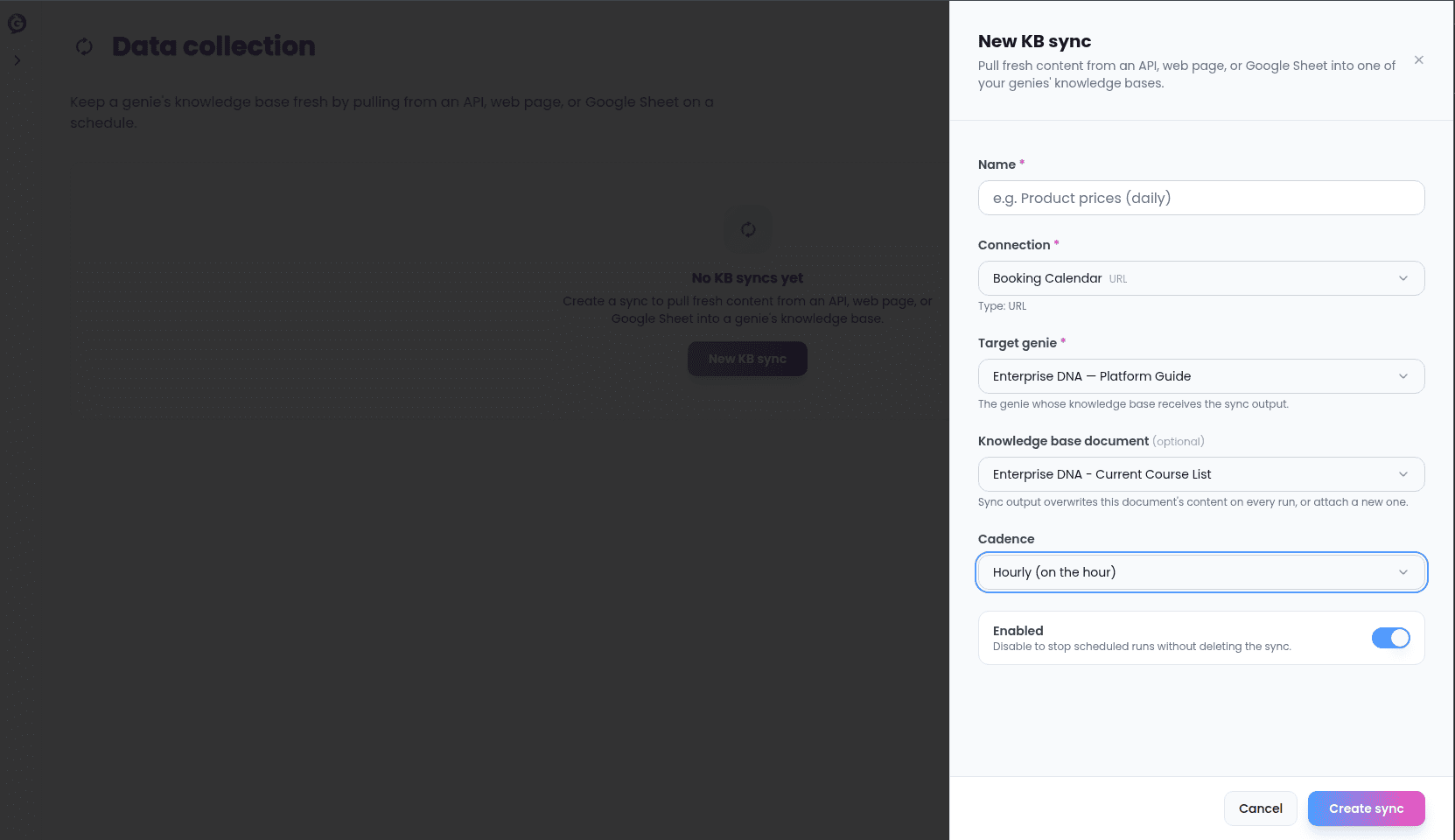 Schedule picker on a knowledge sync configuration