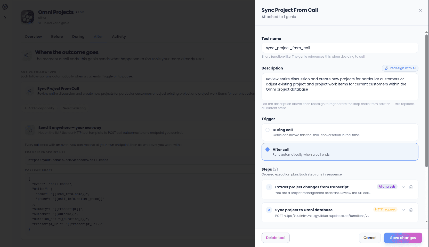 Post-call action configuration form