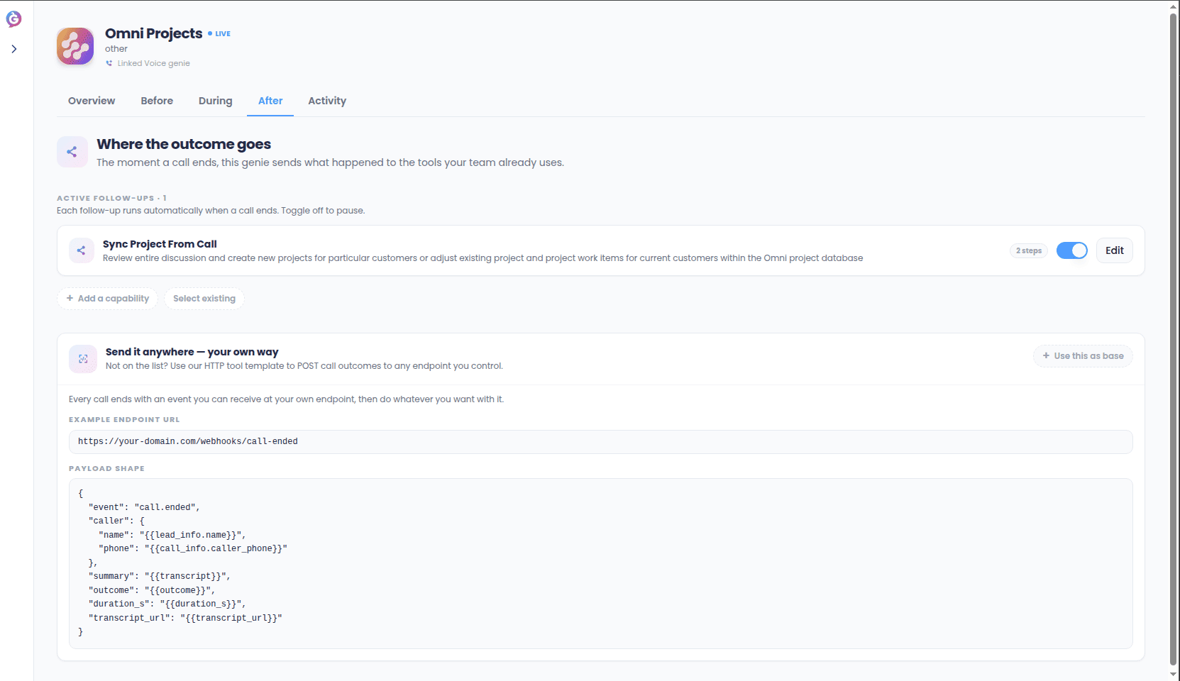 After tab showing the list of configured post-call actions