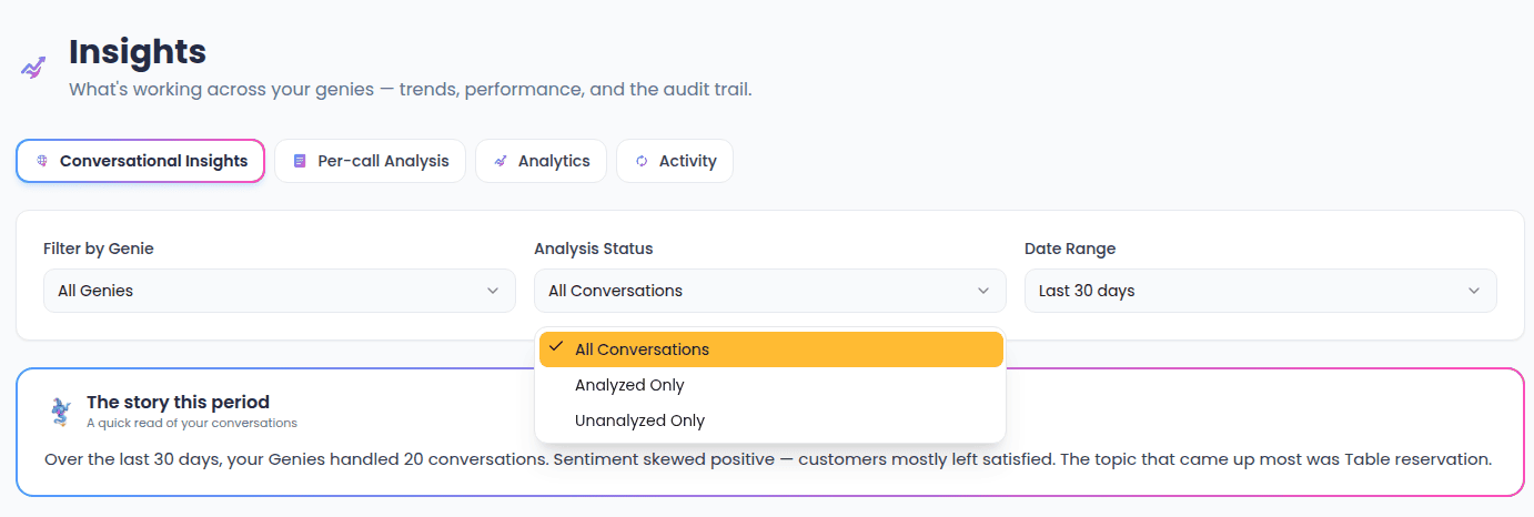 The three filter controls: Filter by Genie, Analysis Status, and Date Range at the top of the Conversational Insights tab