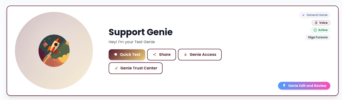 Genie header showing avatar, badges, and the Quick Test, Share, Genie Access, and Genie Trust Center actions