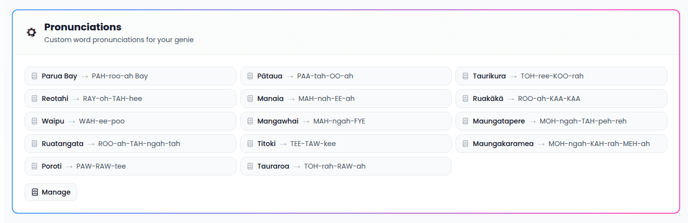 Pronunciations card showing existing entries as chips, and the Manage button