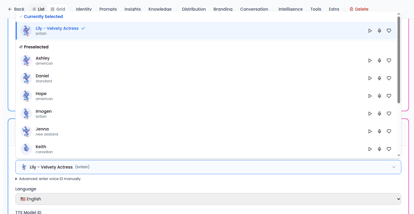 Voice selector open, showing available voices