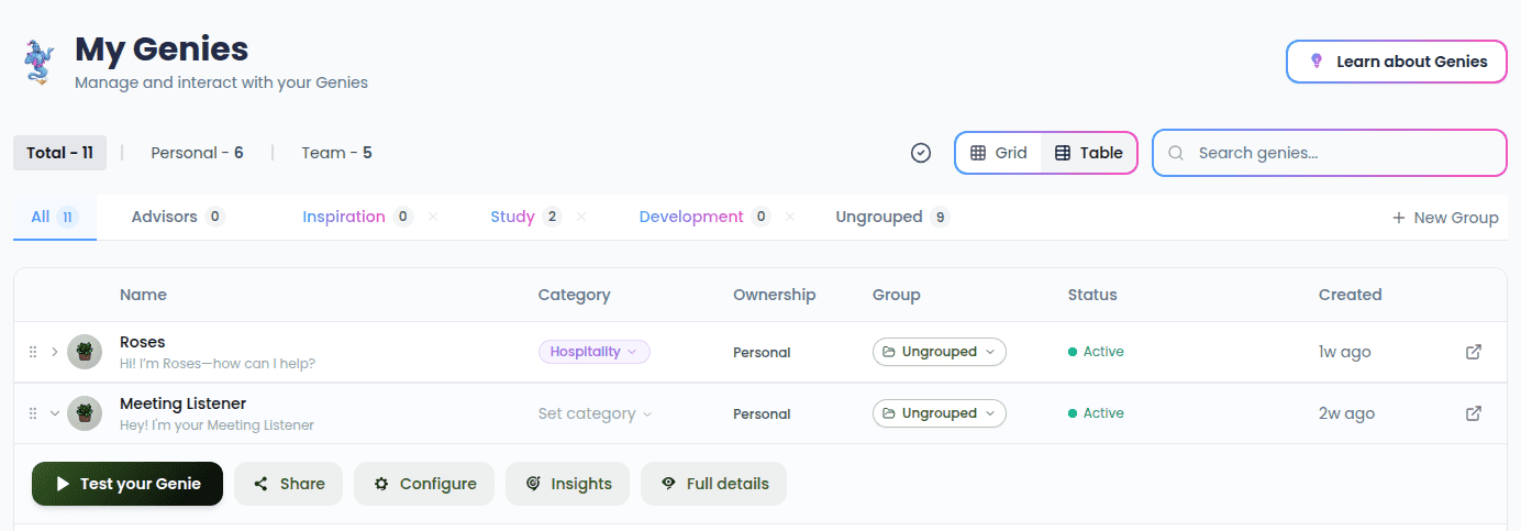 A Genie card in grid view showing the badges, status pill, and Manage toggle expanded