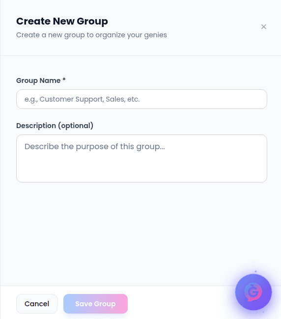 Group panel open with the Group Name and Description fields