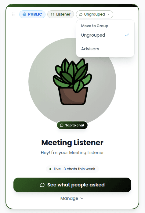 Group selector open on a Genie card, showing available groups