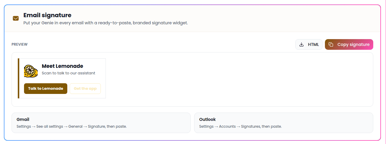 Email signature section showing the live preview card and Copy signature / Download HTML buttons