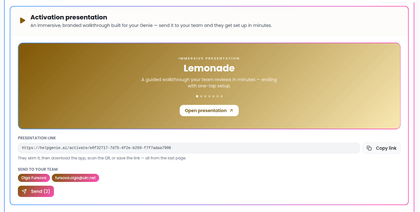 Activation presentation preview card with Copy link button
