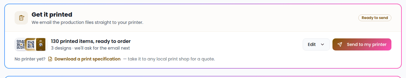 Printer handoff form showing quantity fields, printer email input, and Add designs to print section
