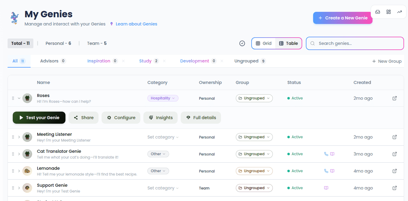 Table view with a row expanded showing the quick actions