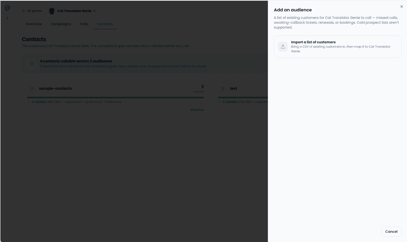 Add an audience panel with the option to import a customer list