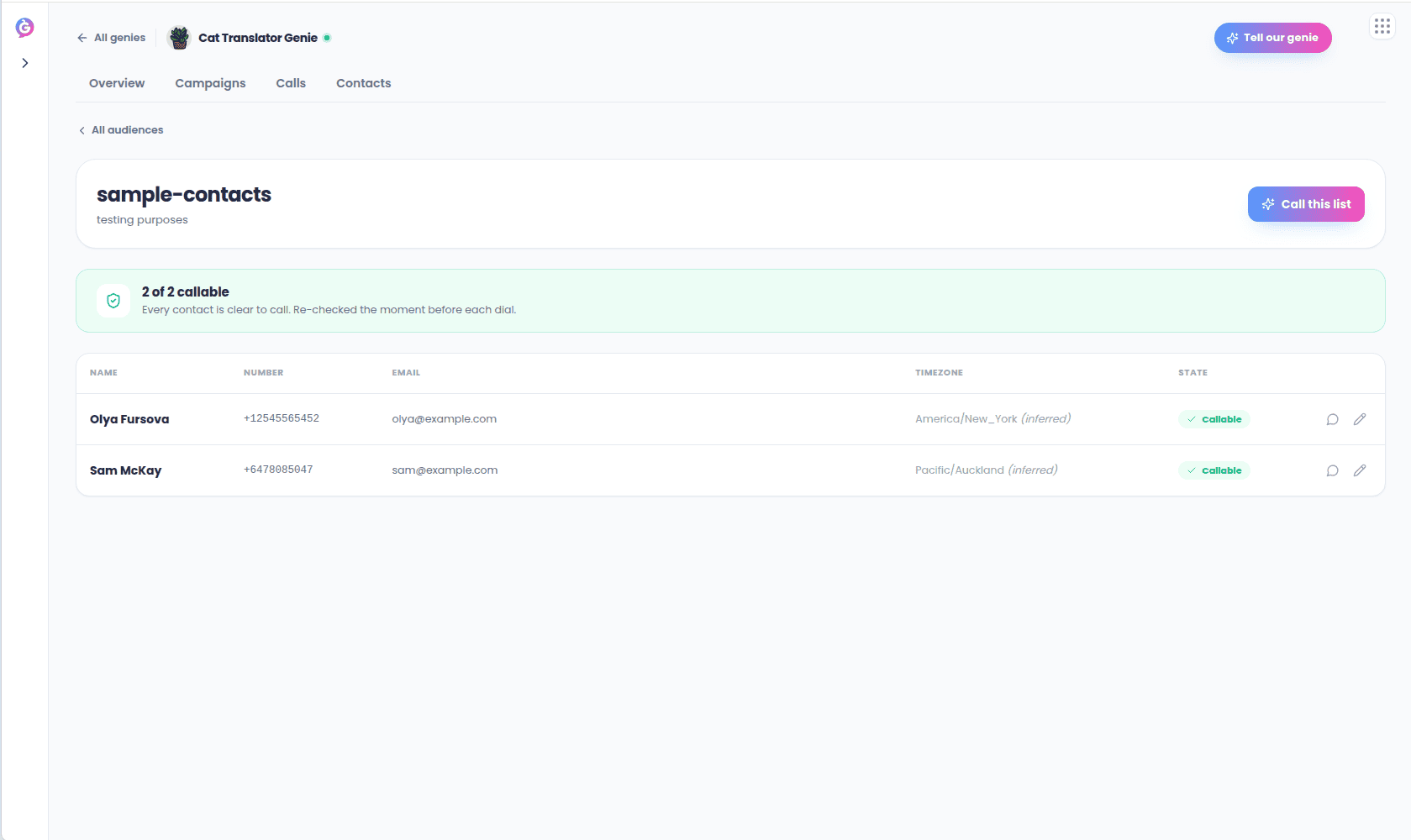Audience detail page showing the reach summary and contact table