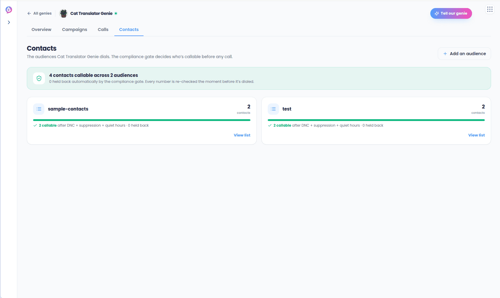 Contacts tab showing audience cards and the callable contacts summary