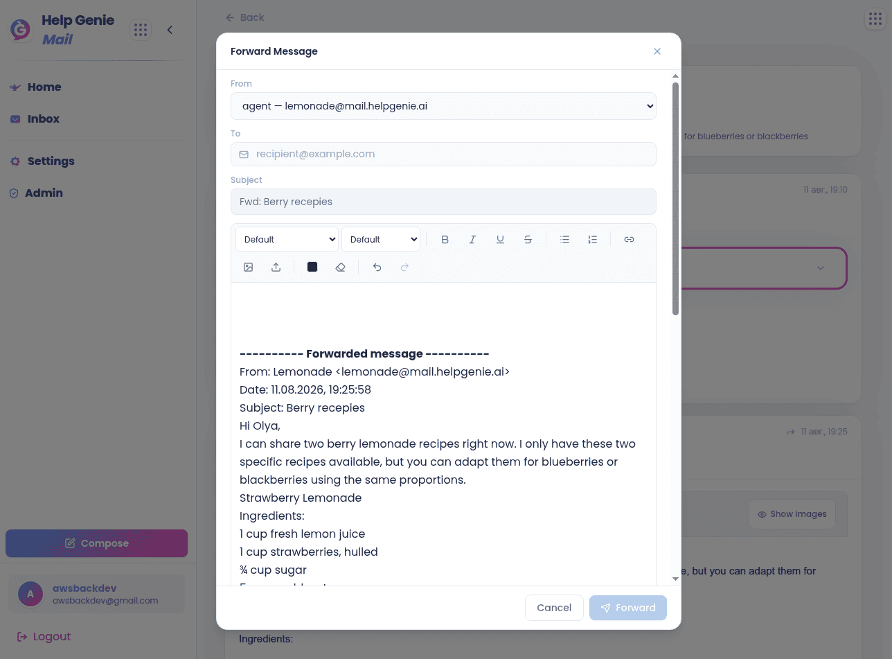 Forward composer with account picker