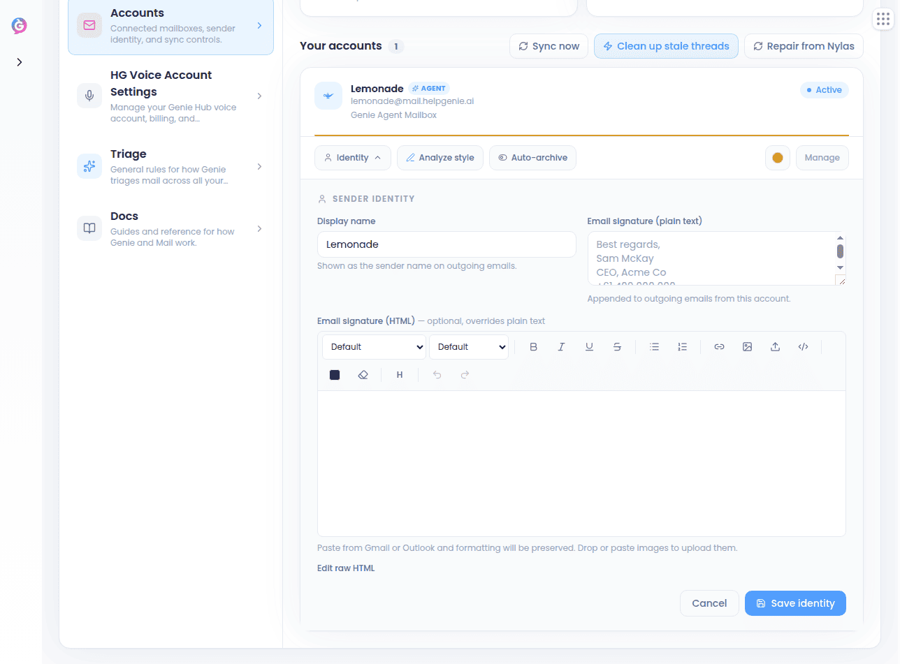 An account card with identity, signature, and color controls