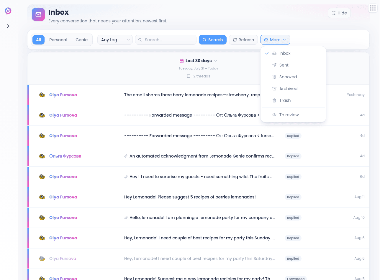 Inbox rows with Genie status pills