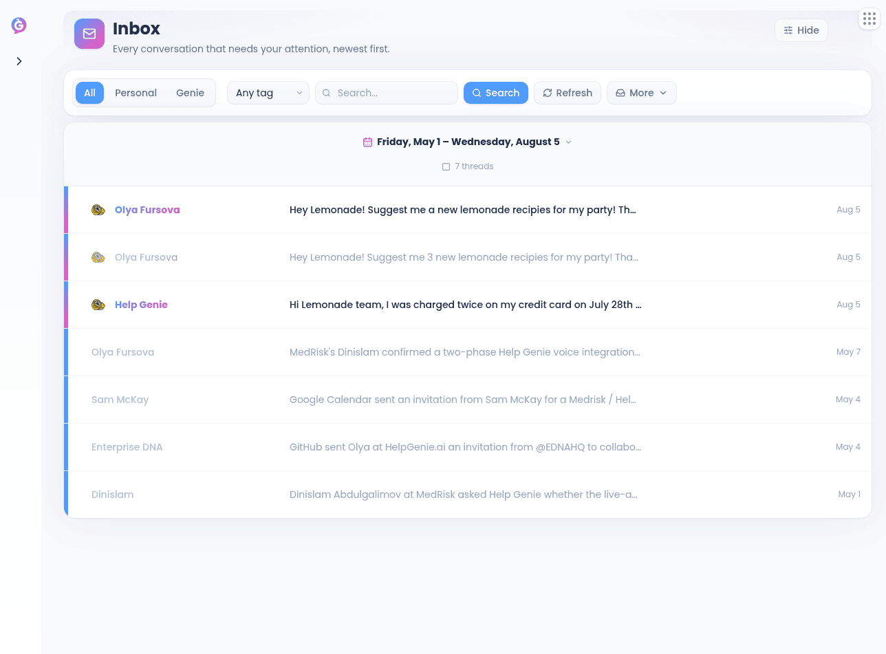 Inbox with the filter panel open