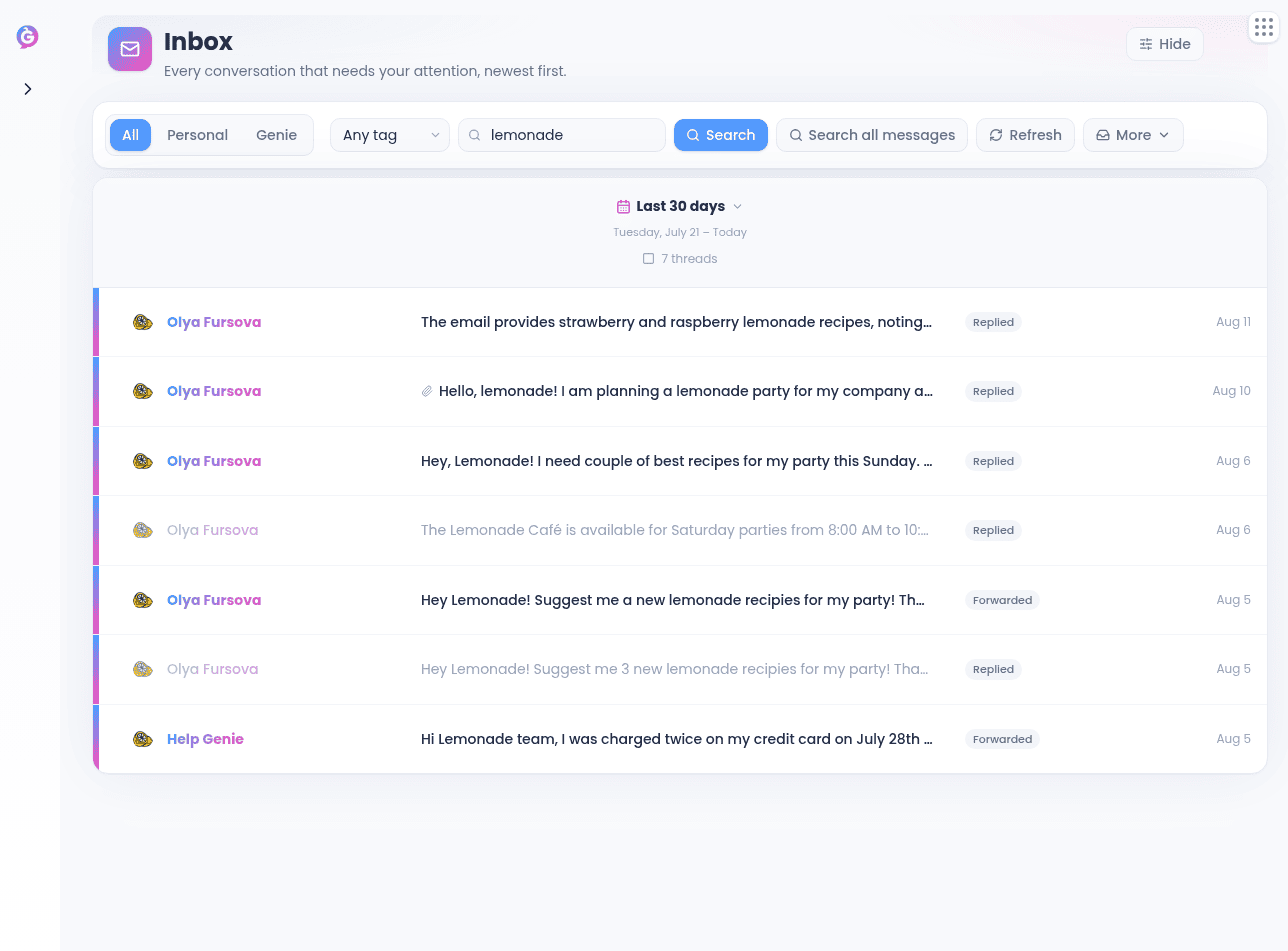 Search results with From/To/Account filters