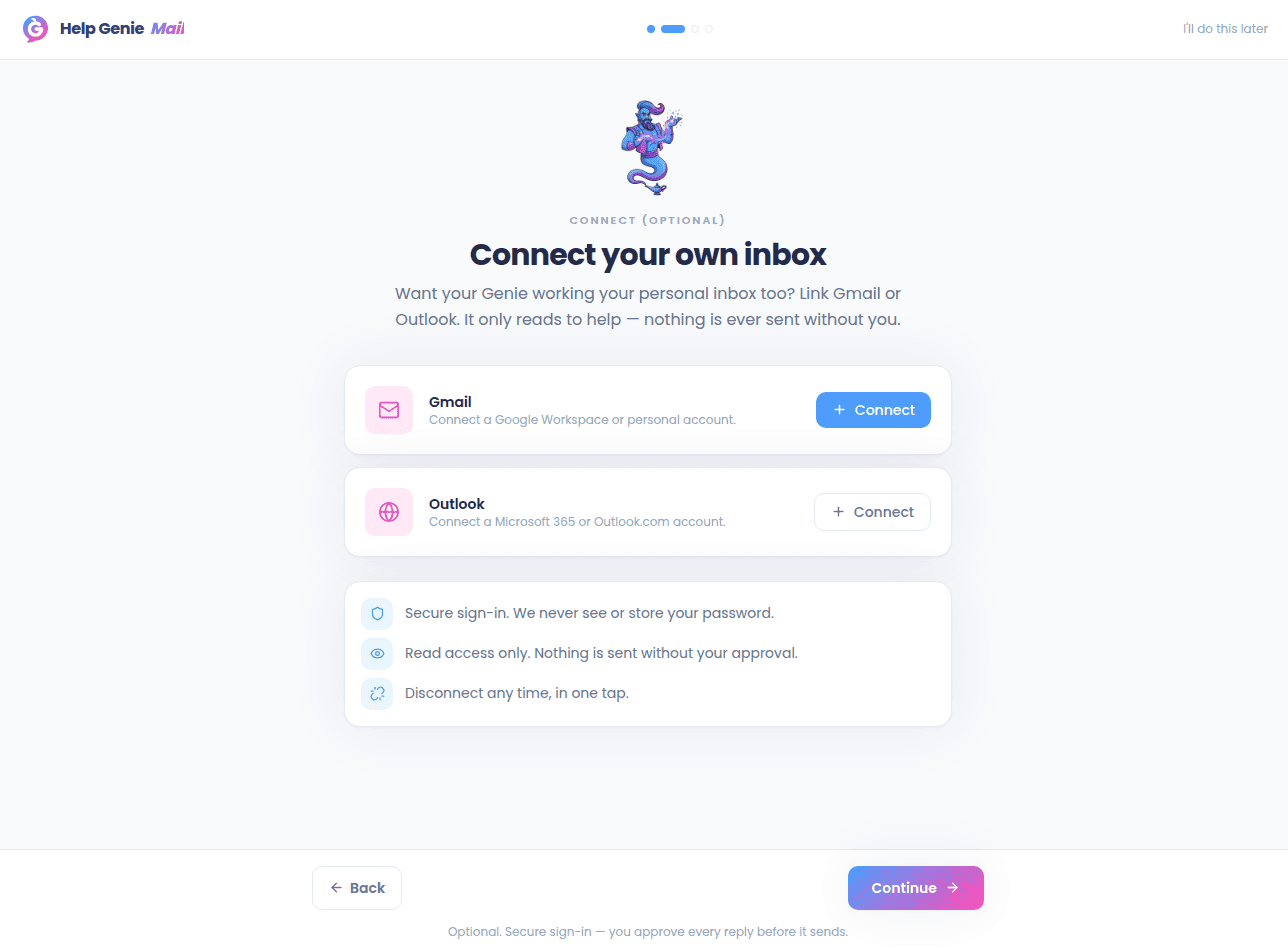 Welcome step 2 — connect Gmail or Outlook