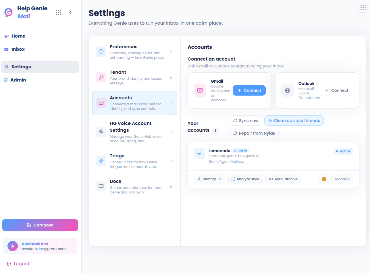Accounts panel with a card and the sync toolbar