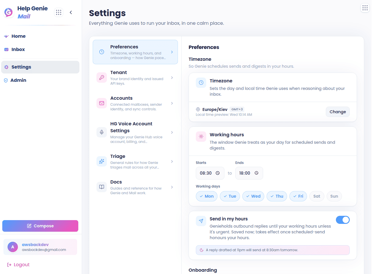 Settings hub with panels listed on the left