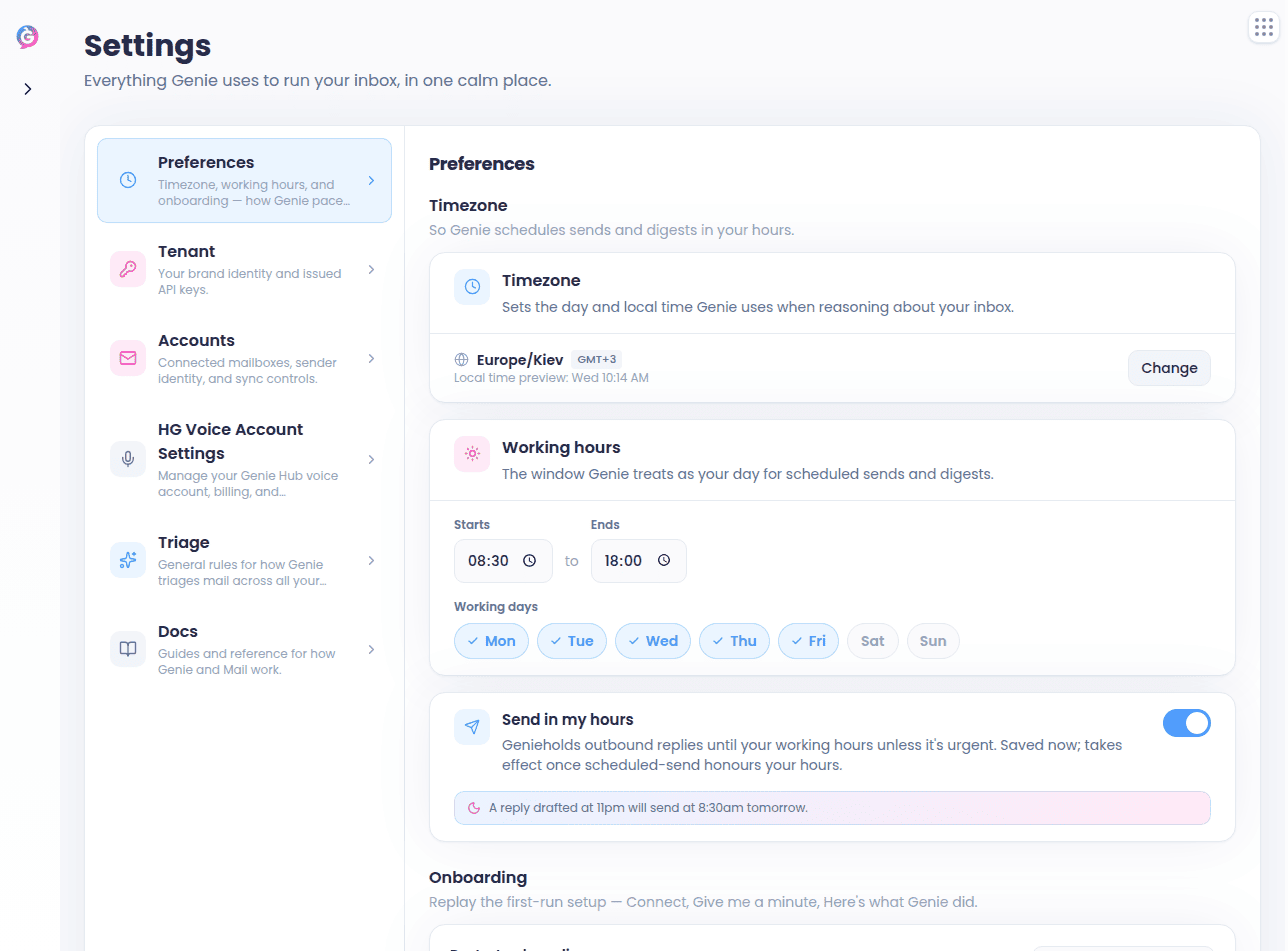 Preferences panel with timezone and working hours