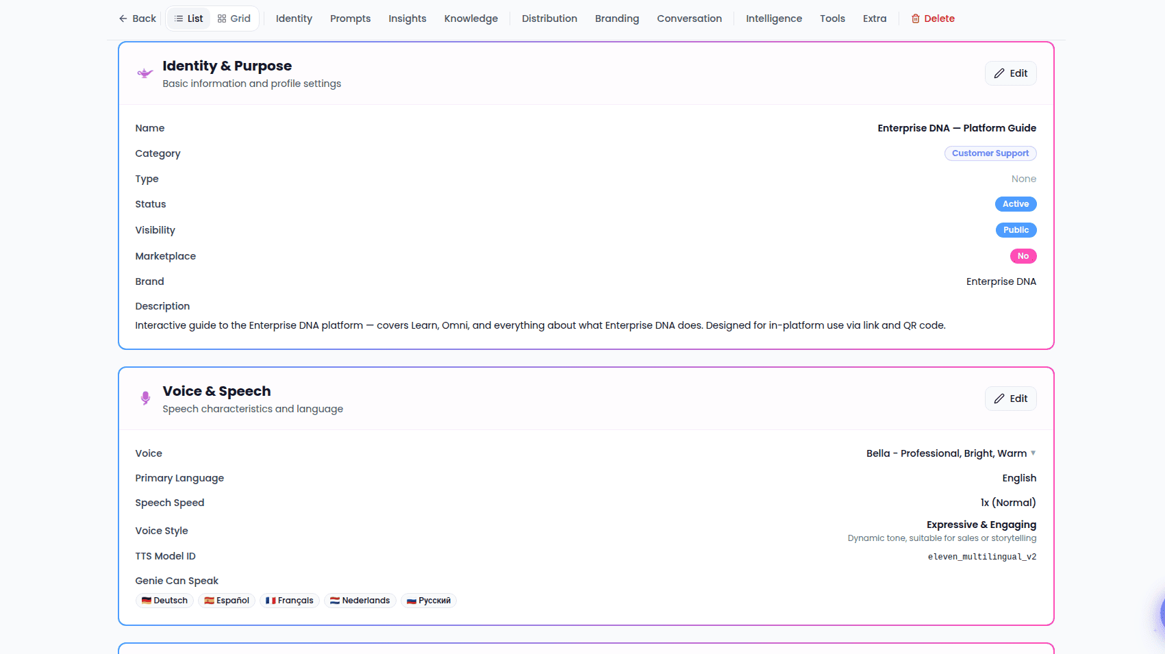 Genie identity and voice settings
