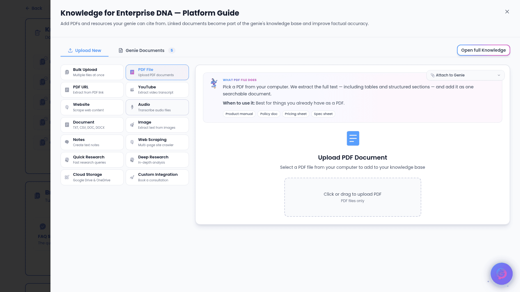 Genie knowledge and distribution settings