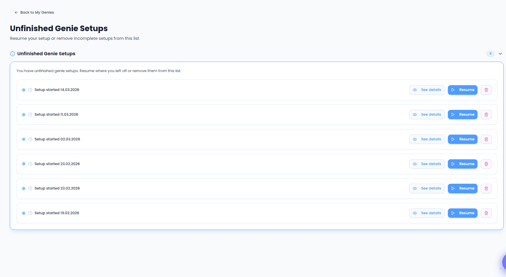 Unfinished setups list