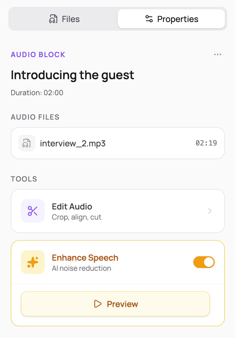 Properties panel showing the Enhance Speech toggle