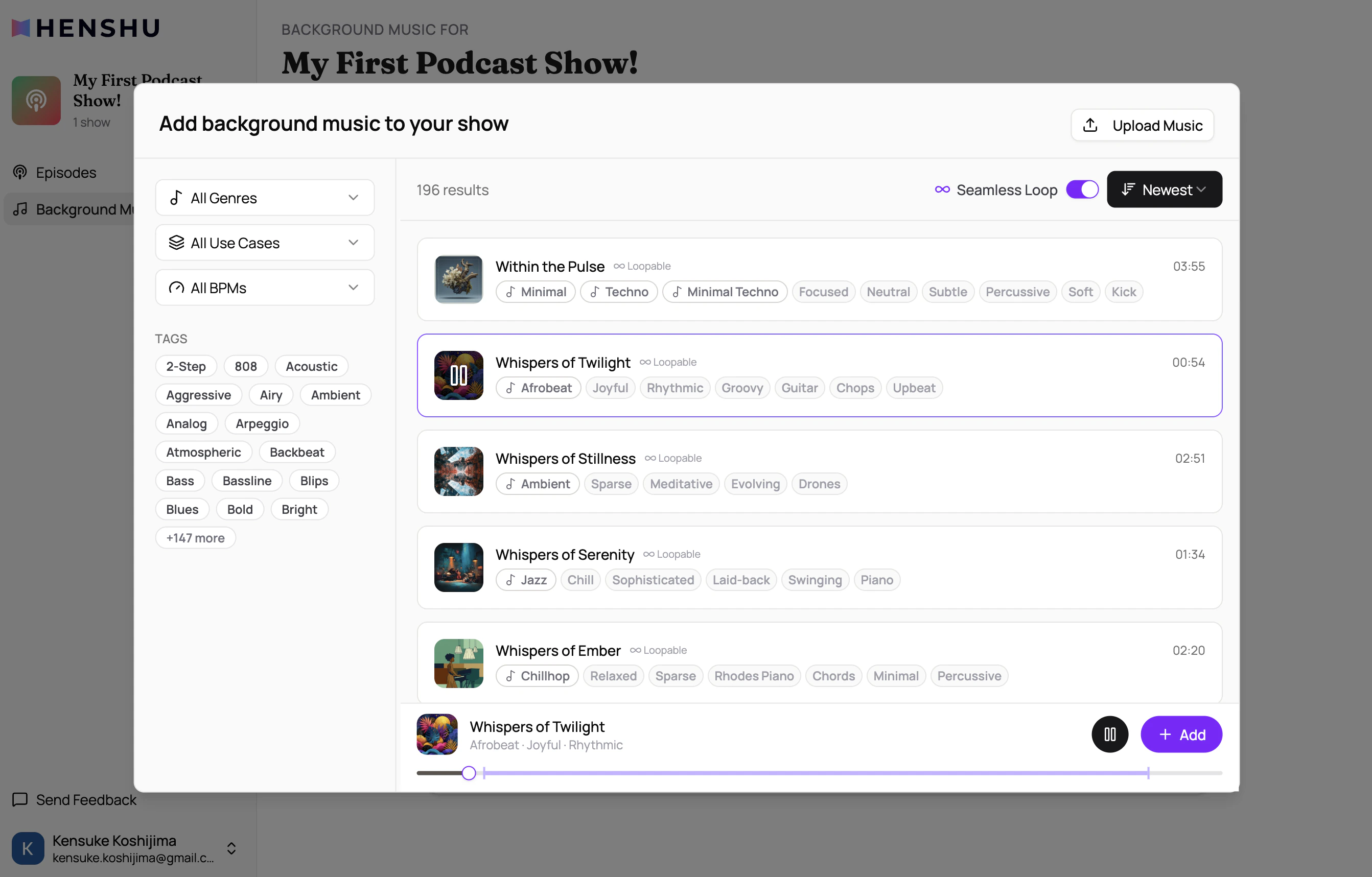 BGM library panel showing available music tracks for a show