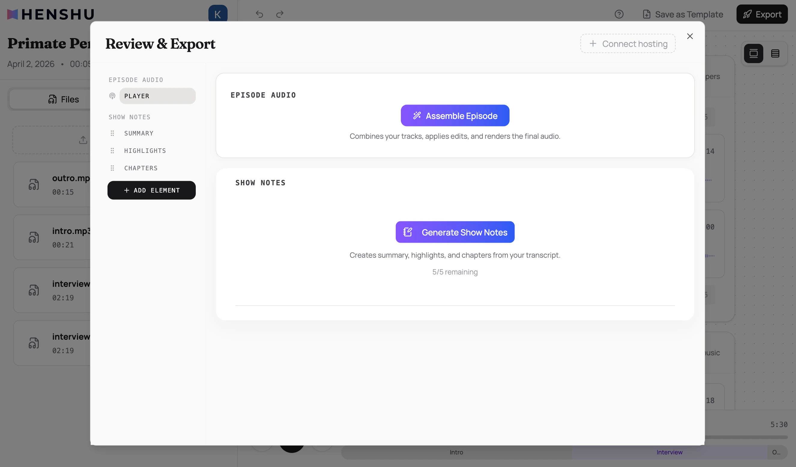 Export dialog with Generate Show Notes button