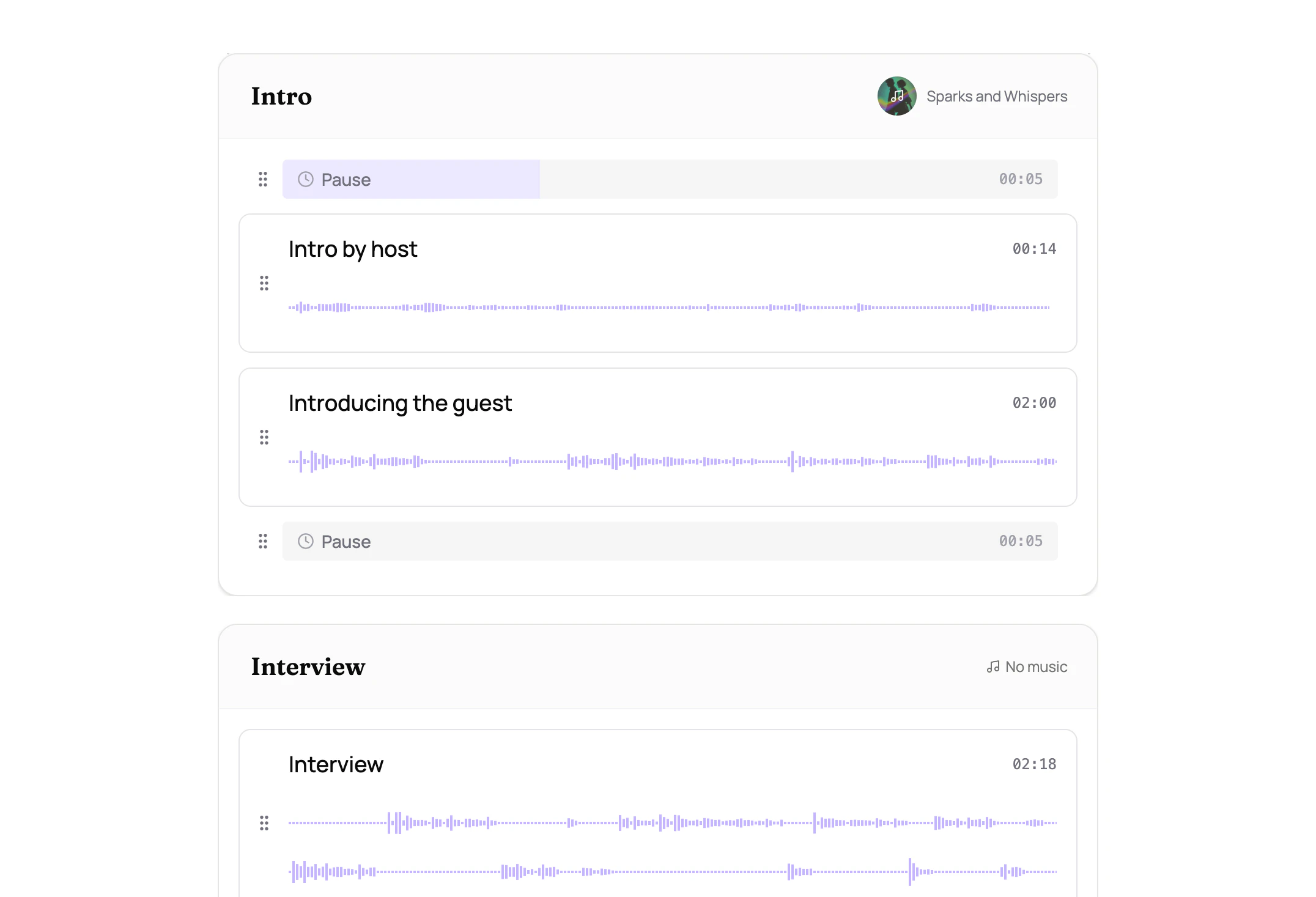 Henshu editor showing sections with audio blocks and pause blocks