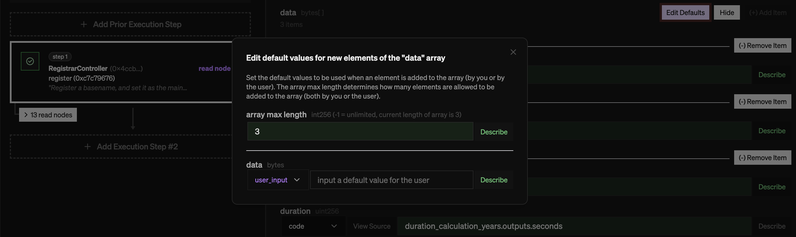 Canvas array defaults panel