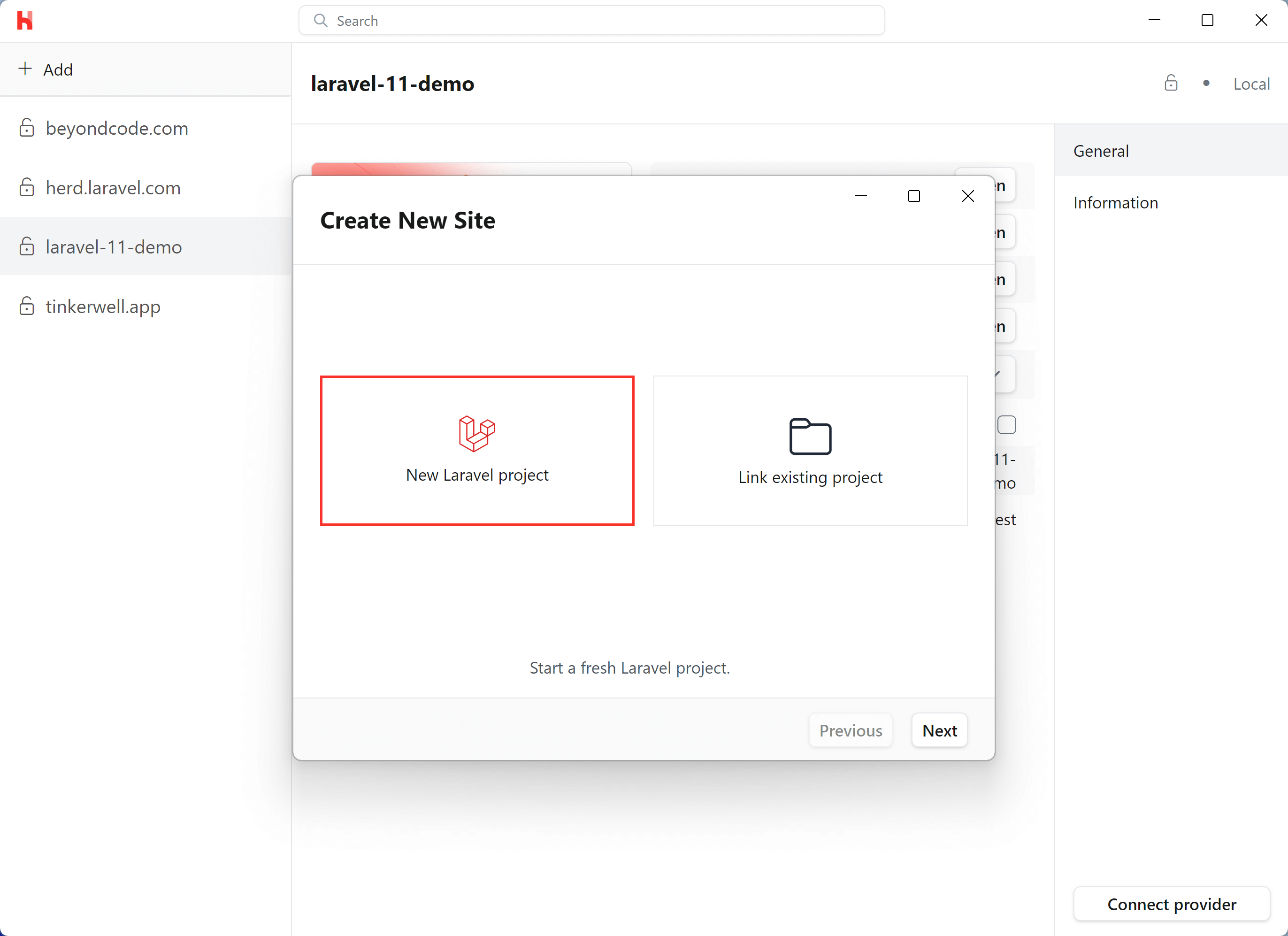 Site Wizard to create new Laravel applications