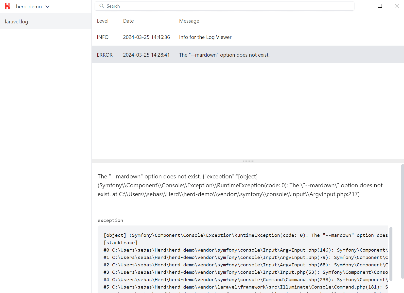 Screenshot of Logs window