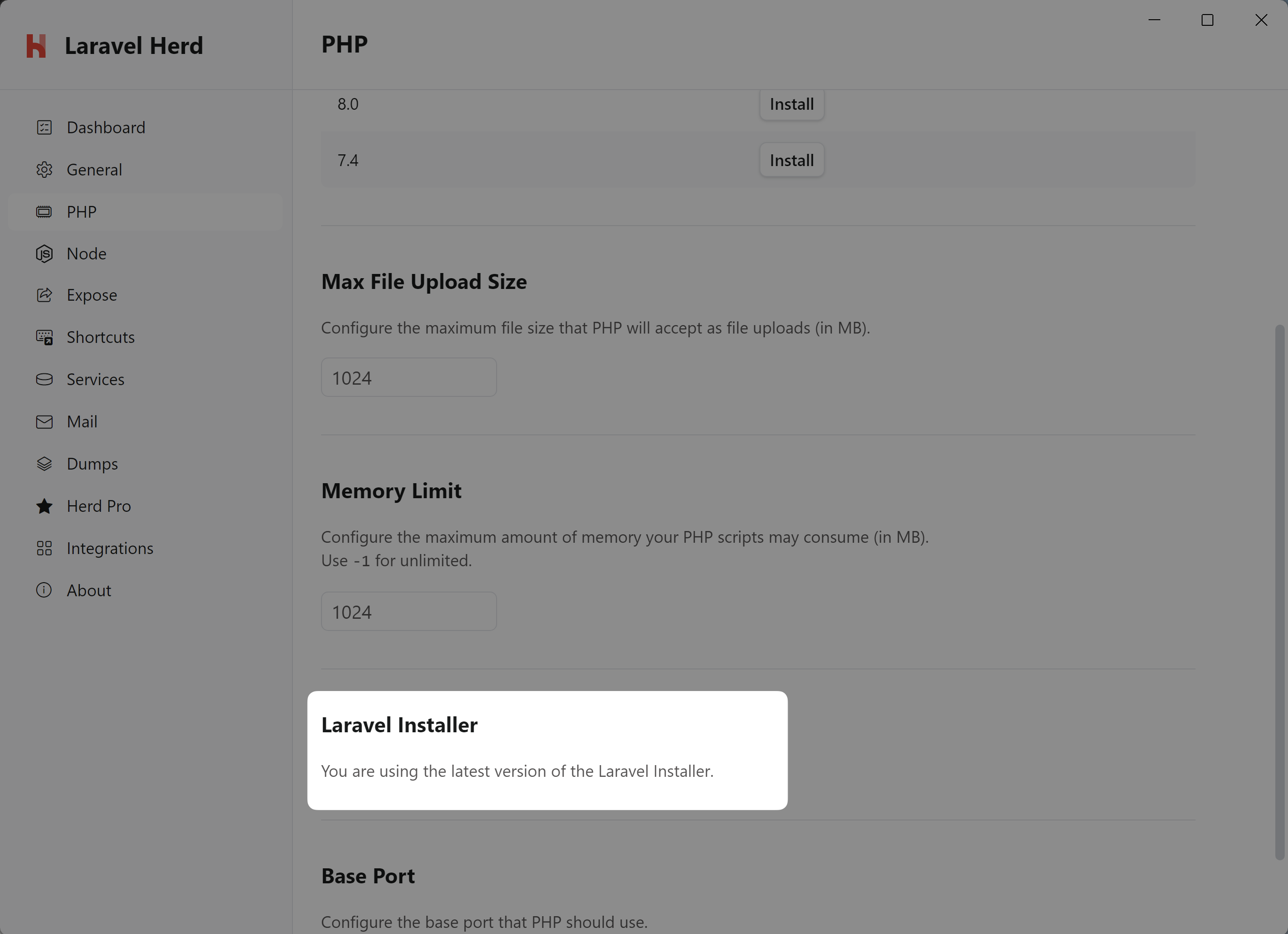 Image of the PHP Settings of Herd with a highlight on the update button for Laravel