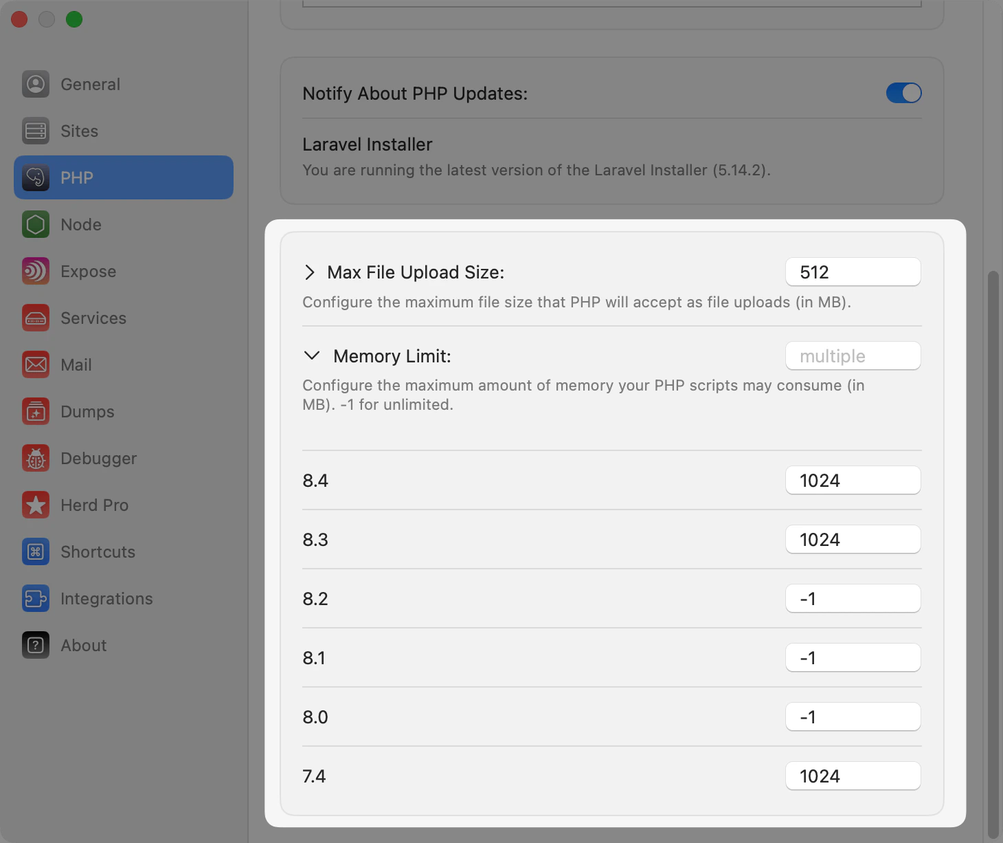 Screenshot of settings