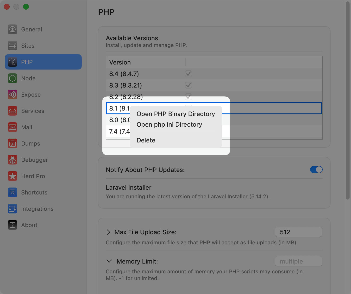 Delete PHP from Settings