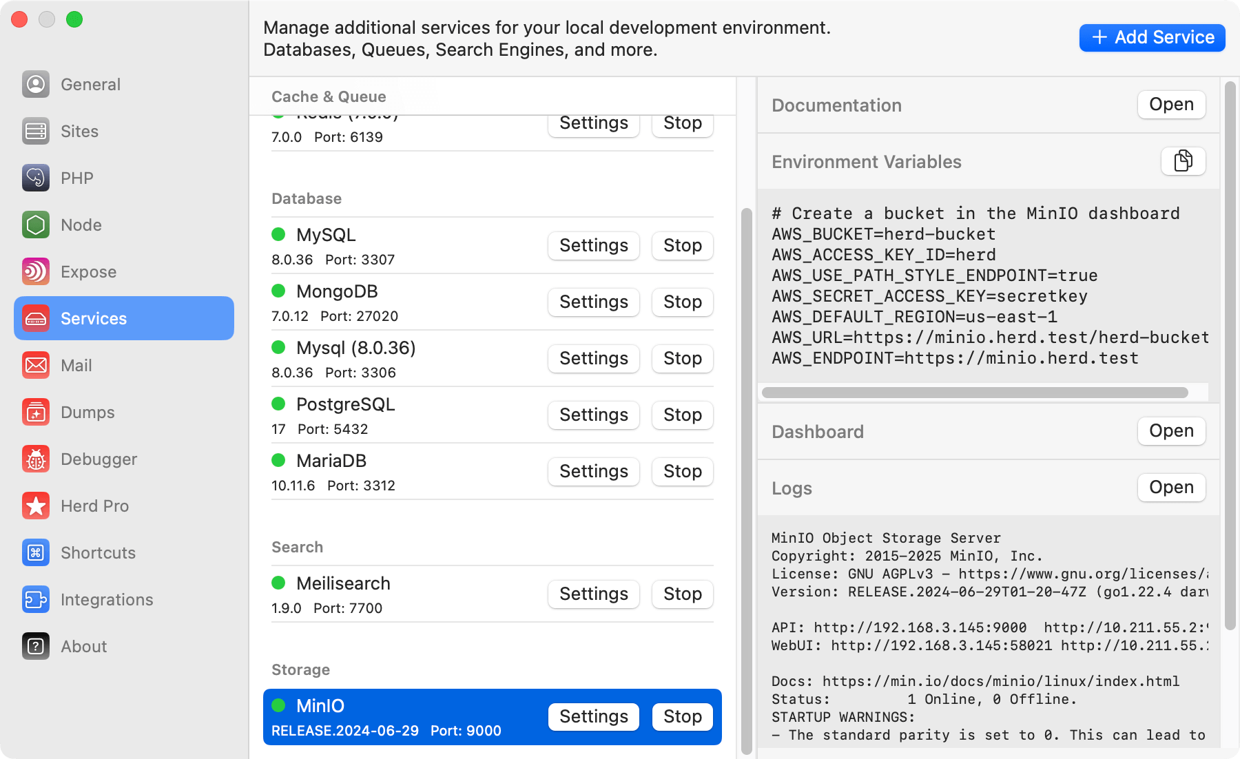 Screenshot of the MinIO configuration